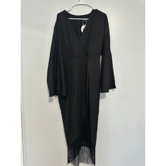 Boohoo Black Satin Long Sleeve Fringe Wrap Maxi Dress UK 14 US 10 - Picture 3 of 12